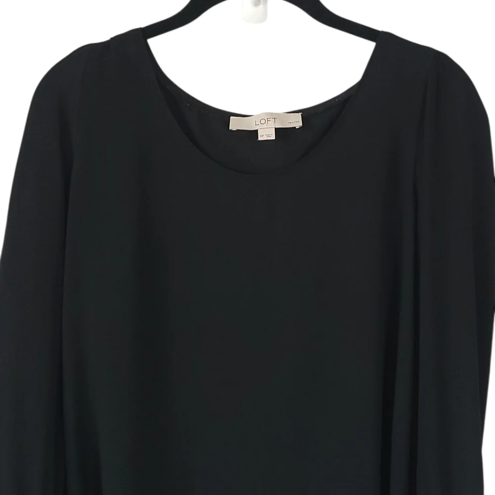 LOFT Small Petite Black Semi Sheer Blouse Puff Sleeve Button Cuff Classic Top